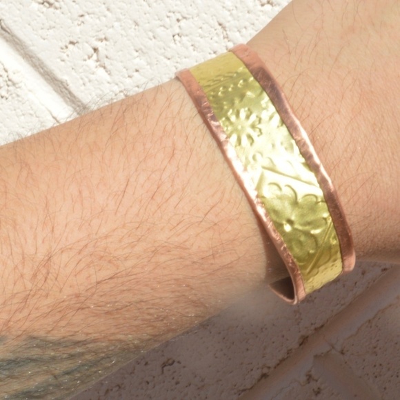 Rustic Brass Copper Cuff Bracelet Slim Mens Mans - Picture 10 of 14